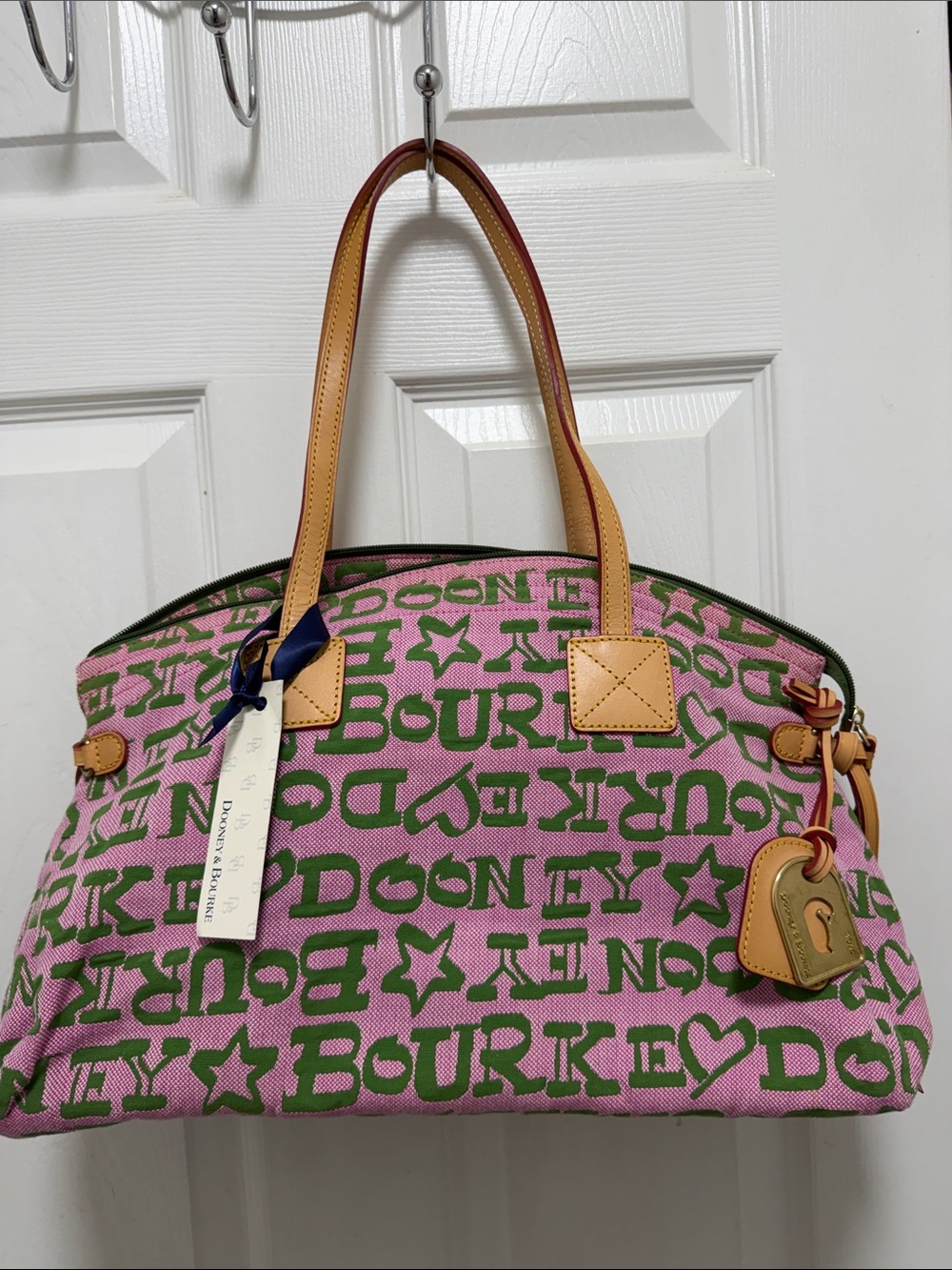 Dooney & Bourke Pink and Green Logo-Print Canvas Tote with Tan Trim